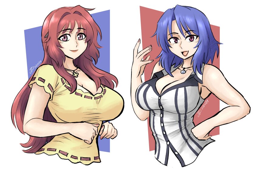 2girls absurdres aniyome_wa_ijippari artist_name blue_hair breasts cleavage hand_on_own_hip highres katsuragi_mai large_breasts lipstick long_hair looking_at_viewer makeup multiple_girls open_mouth red_eyes red_hair shirt short_hair smile takama_kozue videajames
