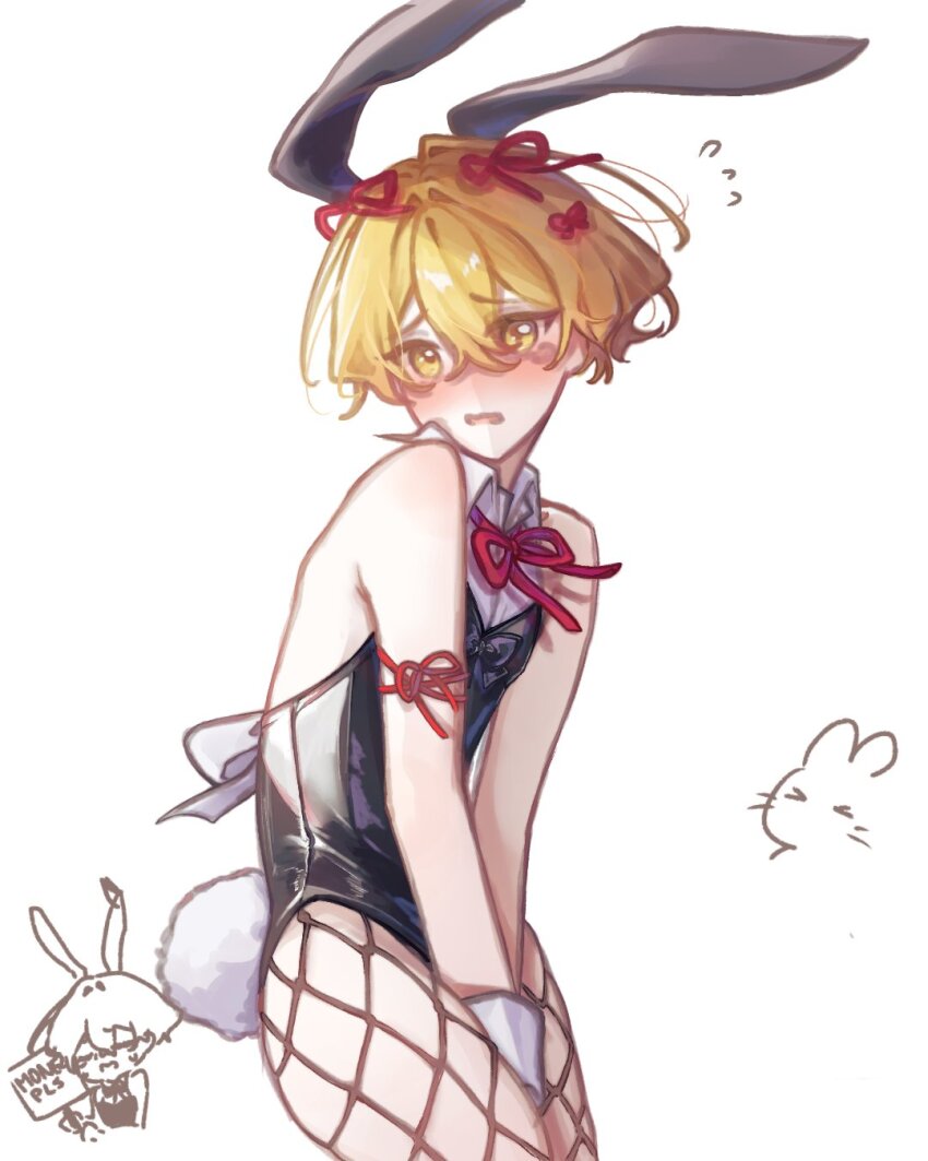 1boy animal_ears black_leotard blonde_hair embarrassed fake_animal_ears fake_tail fishnet_pantyhose fishnets highres leotard limbus_company looking_at_viewer male_focus male_playboy_bunny open_mouth pantyhose playboy_bunny project_moon rabbit_ears rabbit_tail red_ribbon ribbon short_hair simple_background sinclair_(project_moon) solo standing strapless strapless_leotard tail upper_body wai_yo white_background wrist_cuffs yellow_eyes
