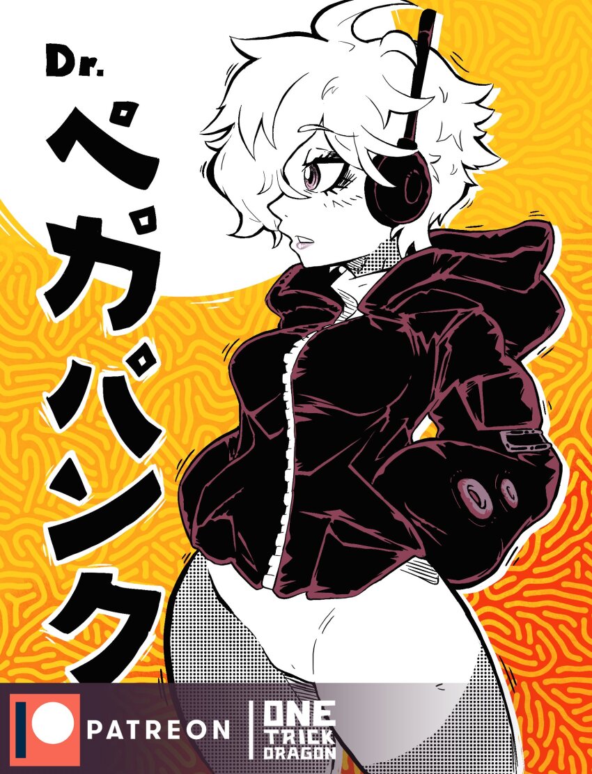 1girl blush bodysuit breasts character_name curvy gloves hair_over_one_eye hands_in_pockets headphones highres jacket looking_ahead monochrome one_eye_covered one_piece one_trick_dragon open_mouth shiny_clothes short_hair solo teeth vegapunk_lilith wide_hips