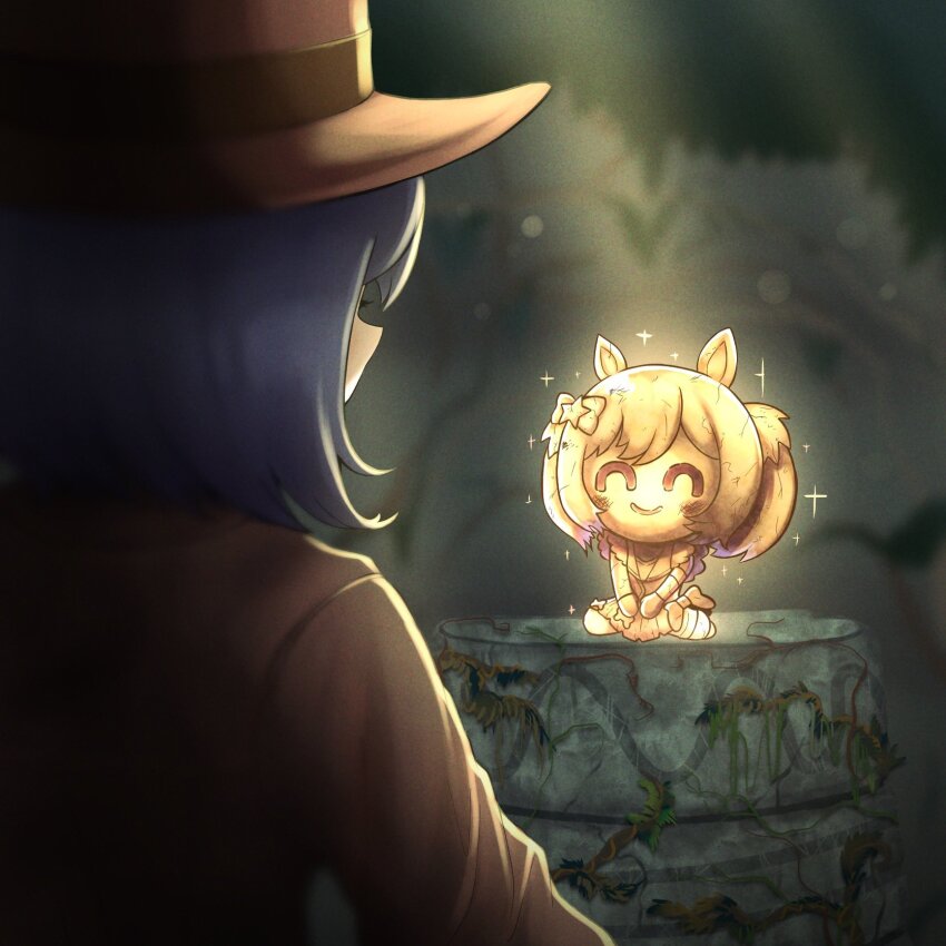 1girl beta_2 black_hair blurry blurry_background brown_hair brown_hat character_doll eishin_flash_(umamusume) hat highres indiana_jones_(series) indiana_jones_and_the_raiders_of_the_lost_ark lens_flare long_sleeves parody pedestal plant short_hair smart_falcon_(umamusume) solo sparkle umamusume vines