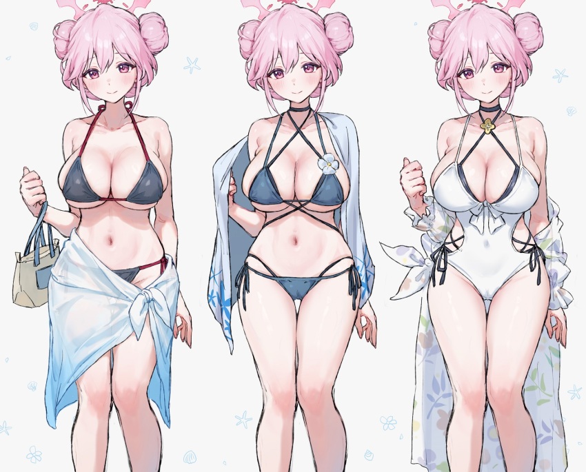 1girl bare_shoulders bikini black_choker blue_archive blue_bikini blush breasts choker closed_mouth collarbone covered_navel double_bun hair_bun halo highres holding_back large_breasts long_sleeves looking_at_viewer navel one-piece_swimsuit pink_eyes pink_hair pink_halo sarong simple_background smile solo_focus stomach swimsuit thighs tomoe_(blue_archive) white_background white_one-piece_swimsuit white_sarong yomizu_(rdad3278)