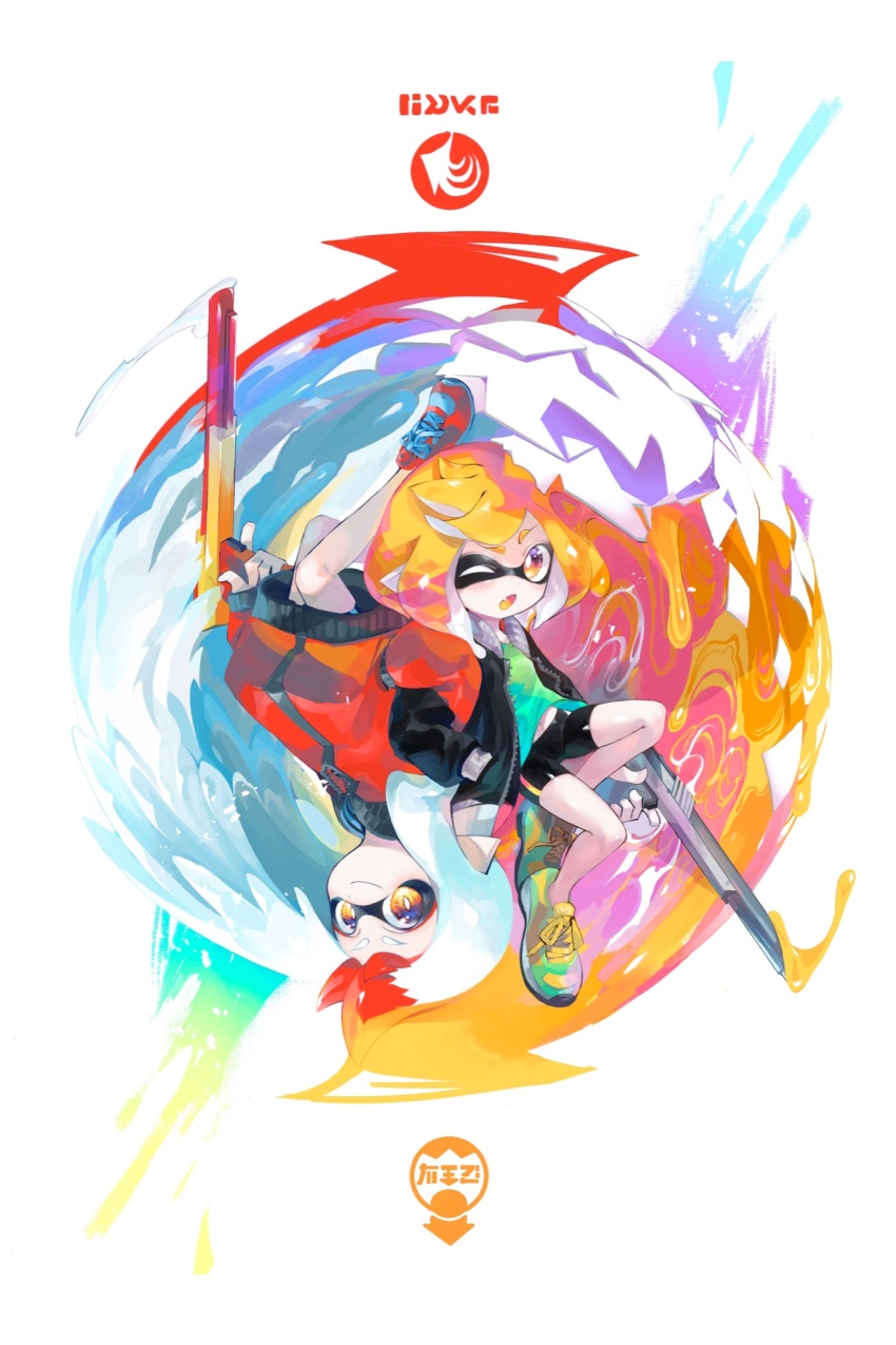 2girls aramaki_spla bike_shorts black_jacket black_shorts blonde_hair brown_eyes closed_mouth colored_tongue commentary fang floating green_shirt hand_in_pocket highres holding holding_weapon inkling inkling_(language) inkling_girl inkling_player_character jacket locked_arms long_hair looking_at_viewer medium_hair multiple_girls n-zap_(splatoon) nintendo no_socks one_eye_closed open_clothes open_jacket open_mouth paint_splatter pointy_ears red_footwear red_jacket shirt shoes short_shorts shorts single_vertical_stripe smile sneakers splatoon_(series) splatoon_2 swept_bangs symbol-only_commentary tentacle_hair upside-down weapon white_hair yellow_shoes yellow_tongue