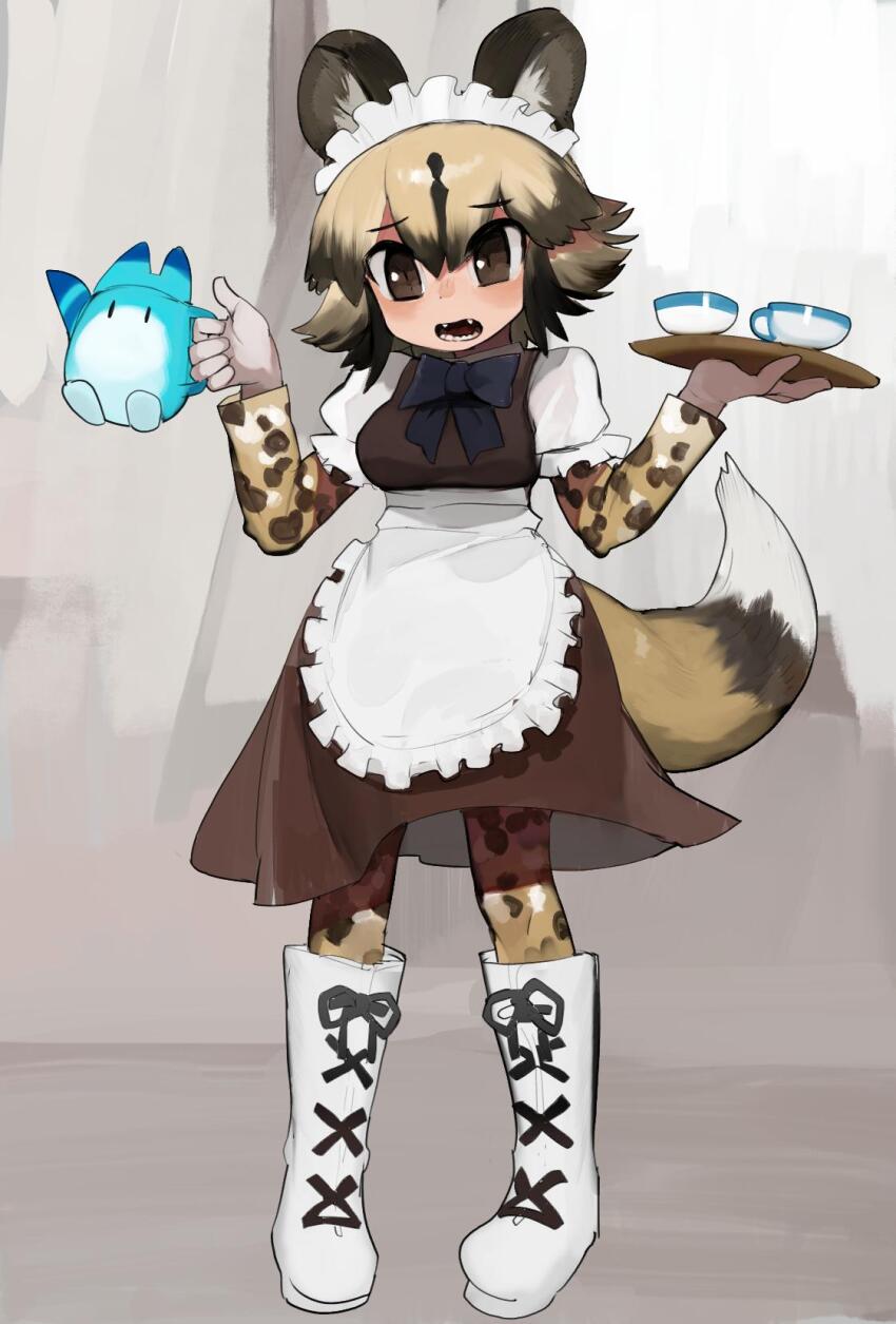 1girl african_wild_dog_(kemono_friends) animal_ears animal_print apron black_hair blonde_hair blue_bow blue_bowtie boots bow bowtie breasts brown_dress brown_eyes cup dog_ears dog_girl dog_tail dress flipped_hair frilled_apron frills full_body furrowed_brow hair_between_eyes hands_up highres holding holding_teapot jpeg_artifacts kemono_friends knee_boots lace-up_boots layered_sleeves legs_apart long_sleeves lucky_beast_(kemono_friends) maid maid_headdress medium_breasts multicolored_hair open_mouth pantyhose print_pantyhose puffy_sleeves raichiyo sharp_teeth short_hair solo standing tail teacup teapot teeth two-tone_hair underbust waist_apron white_apron white_boots