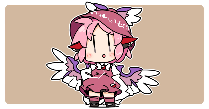 1girl :d animal_ears bird_ears bird_wings black_shoes blush border brown_background brown_dress brown_hat brown_socks chibi chibi_only commentary_request dress earrings full_body hand_on_own_hip hat ini_(inunabe00) jewelry long_sleeves looking_at_viewer mystia_lorelei open_mouth outline outside_border pink_hair shirt shoes short_hair simple_background single_earring sleeves_past_fingers sleeves_past_wrists smile socks solo standing touhou v-shaped_eyebrows white_border white_outline white_shirt winged_shoes wings |_|