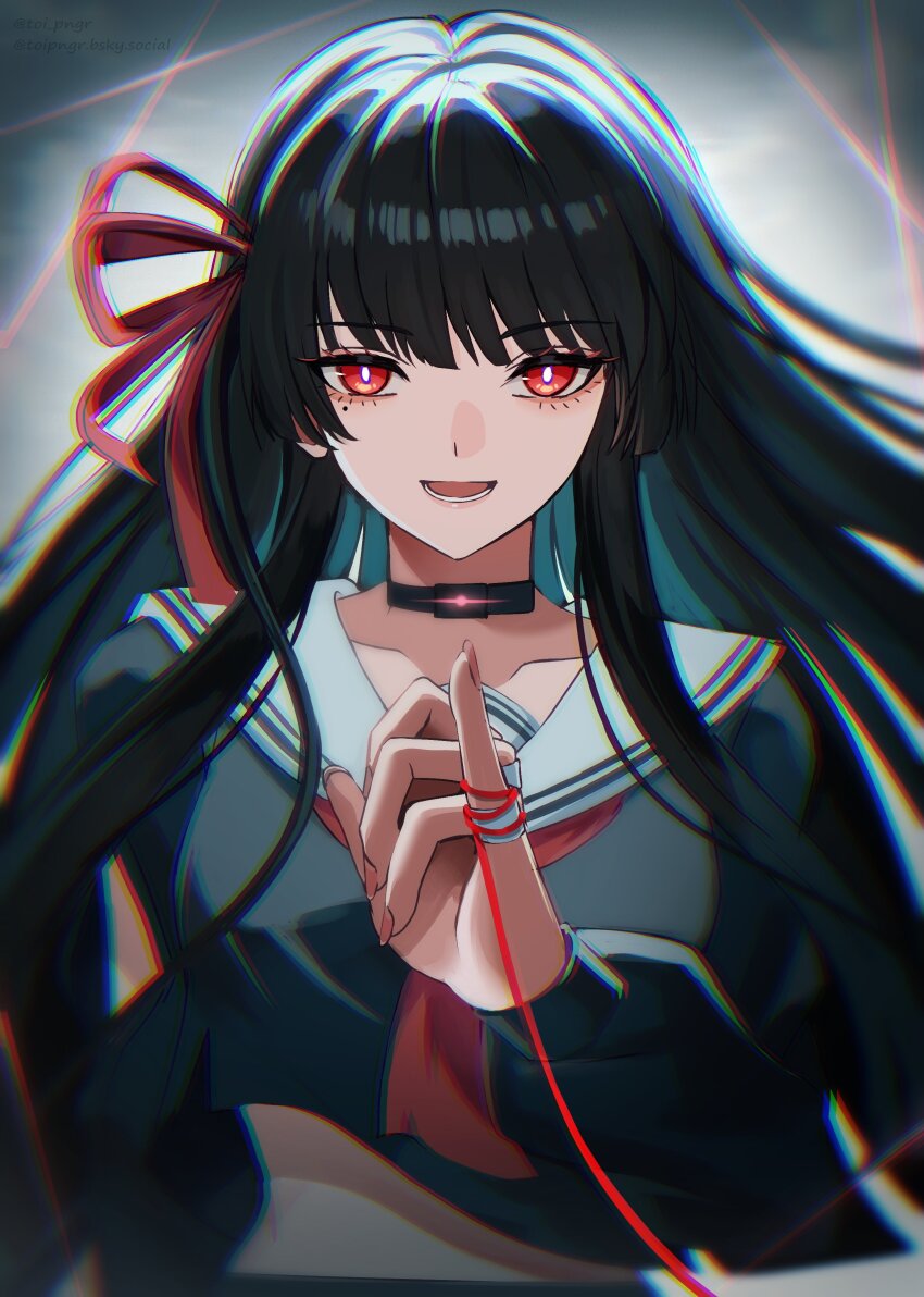 1girl absurdres arm_cutout black_choker black_hair black_serafuku black_shirt breasts chisa_(wuthering_waves) choker chromatic_aberration clothing_cutout collarbone commentary crop_top fingernails hair_ribbon hashtag-only_commentary highres long_hair long_sleeves looking_at_viewer medium_breasts mole mole_under_eye open_mouth red_eyes red_ribbon ribbon sailor_collar school_uniform serafuku shirt smile solo string string_of_fate toi_pngr upper_body white_sailor_collar wuthering_waves