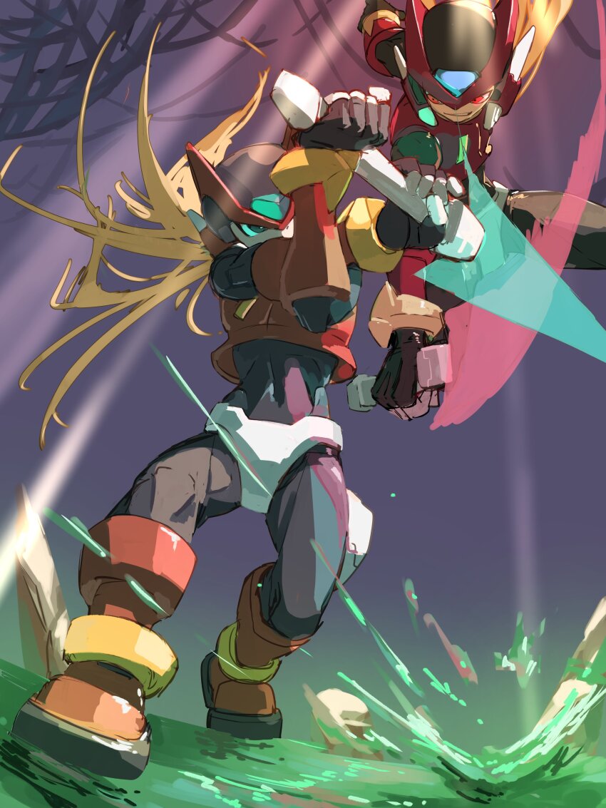 2boys absurdres armor blonde_hair energy_sword forehead_jewel helmet highres holding holding_sword holding_weapon long_hair male_focus mega_man_(series) mega_man_zero_(series) mega_man_zero_3 midair multiple_boys omega_(mega_man) omochi_(mochi_skymega) red_armor red_helmet standing sword water weapon z_saber zero(z)_(mega_man) zero_(mega_man)