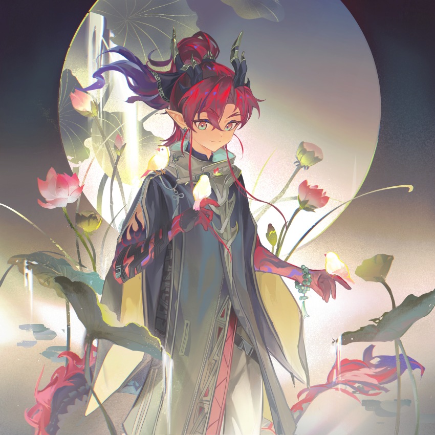 1boy absurdres arknights bird bracelet closed_mouth colored_extremities dao_jisland earrings eastern_dragon_tail flower high_ponytail highres horns jewelry long_hair looking_at_viewer lotus lotus_leaf lotus_pod multicolored_hair pants pink_flower pointy_ears ponytail red_hair short_ponytail smile solo water white_pants yu_(arknights)