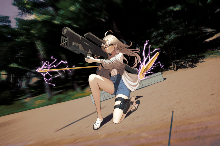 1girl absurdres anti-aircraft anti-aircraft_gun blonde_hair blue_shorts fim-92_stinger floating_hair green_eyes highres holster kkkk_(laa2973) long_hair looking_up novelpia rocket_launcher shorts solo thigh_holster thighs weapon