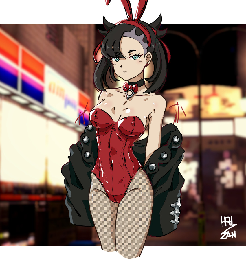 1girl asymmetrical_bangs black_choker black_hair bow bowtie choker creatures_(company) earrings exhibitionism flashing game_freak green_eyes hair_ribbon hal_san highres jacket jacket_partially_removed jewelry leotard marnie_(pokemon) nintendo pantyhose pokemon pokemon_swsh public_indecency rabbit_ears ribbon stud_earrings twintails