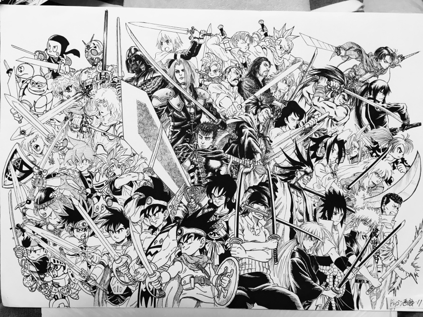 10s 1990s_(style) 3girls 6+boys abel_(dq) amano_yoshitaka_(style) amidamaru animal_ears annotated annotation_request armor arus_(dragon_quest) asakura_yoh atomic_samurai berserk bleach braid broadsword broken broken_sword broken_weapon cape cecil_harvey chrono_trigger circlet crono_(chrono_trigger) crossover d.gray-man dai_(dragon_quest) darth_vader dog_ears dororo_(tezuka) dragon_ball dragon_quest dragon_quest_dai_no_daibouken dragon_quest_emblem_of_roto dragon_quest_iii dragon_quest_roto_no_monshou dragon_quest_v dragon_quest_yuusha_abel_densetsu dragonball_z dragonslayer_(sword) dual_wielding energy_sword eyepatch facial_hair final_fantasy final_fantasy_iv final_fantasy_vii fullmetal_alchemist gintama greatsword greyscale gundam guts_(berserk) haoumaru hattori_kanzou helmet highres himura_kenshin holding holding_sword holding_weapon huge_weapon hyakkimaru_(character) hyakkimaru_(dororo) inuyasha inuyasha_(character) ishikawa_goemon_xiii kamen_rider kamen_rider_black_(series) kanda_yuu katana king_bradley kiteretsu_daihyakka knight_gundam korosuke kuwabara_kazuma lee_(dragon_garou) leonardo_(tmnt) levi_(shingeki_no_kyojin) lightsaber link long_hair lupin_iii magic_knight_rayearth mahou_shoujo_madoka_magica mahou_shoujo_madoka_magica_(anime) manjimaru master_sword meliodas miki_sayaka miki_sayaka_(magical_girl) miyamoto_musashi momotarou_(character) momotarou_densetsu monochrome mouth_hold multiple_boys multiple_crossover multiple_girls muscular mustache nanatsu_no_taizai naruto naruto_(series) ninja_hattori-kun nintendo one-punch_man one_eye_closed one_piece ootachi over_shoulder ponytail retro_artstyle rex_(dq5) robot roronoa_zoro roto_(dq3) rurouni_kenshin saber_(weapon) sakata_gintoki samurai_spirits sd_gundam sengoku_manjimaru sephiroth shadow_moon shaman_king sheath shidou_hikaru shield shingeki_no_kyojin slime_knight spiked_hair star_wars stubble sword sword_over_shoulder tapion teenage_mutant_ninja_turtles tengai_makyou tengai_makyou_ii tetsusaiga the_legend_of_zelda three-dimensional_maneuver_gear triple_wielding trunks_(dragon_ball) trunks_(future)_(dragon_ball) turtle two-handed uchiha_sasuke unsheathing vagabond valkyrie_(vnd) valkyrie_no_densetsu weapon weapon_over_shoulder winged_helmet yamcha yuu_yuu_hakusho zaraki_kenpachi