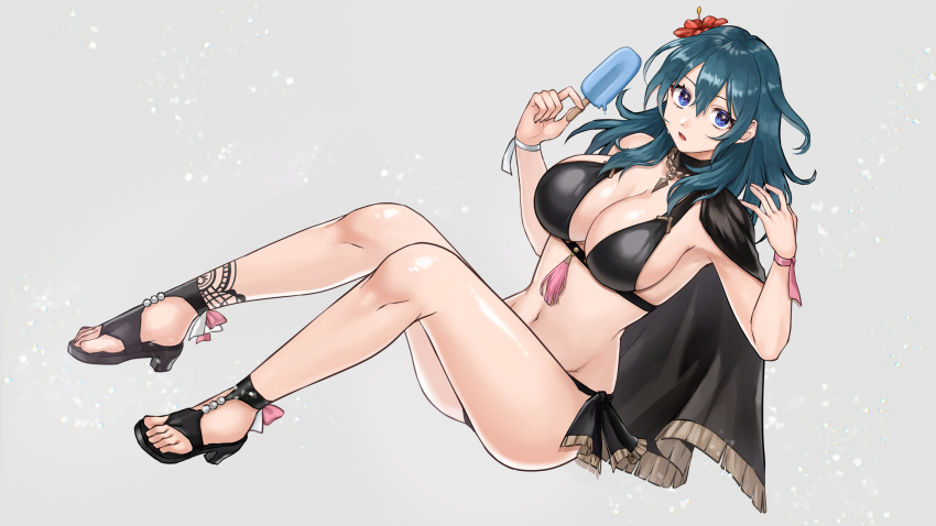 1girl absurdres bare_shoulders bikini black_bikini black_cape black_sandals blue_eyes blue_hair breasts cape female_byleth_(fire_emblem) fire_emblem fire_emblem:_three_houses fire_emblem_heroes flower food grey_background hair_flower hair_ornament hazuki_(nyorosuke) high_heel_sandals high_heels highres holding holding_food holding_popsicle large_breasts long_hair looking_at_viewer navel nintendo official_alternate_costume open_mouth popsicle red_flower sandals solo stomach swimsuit thighs