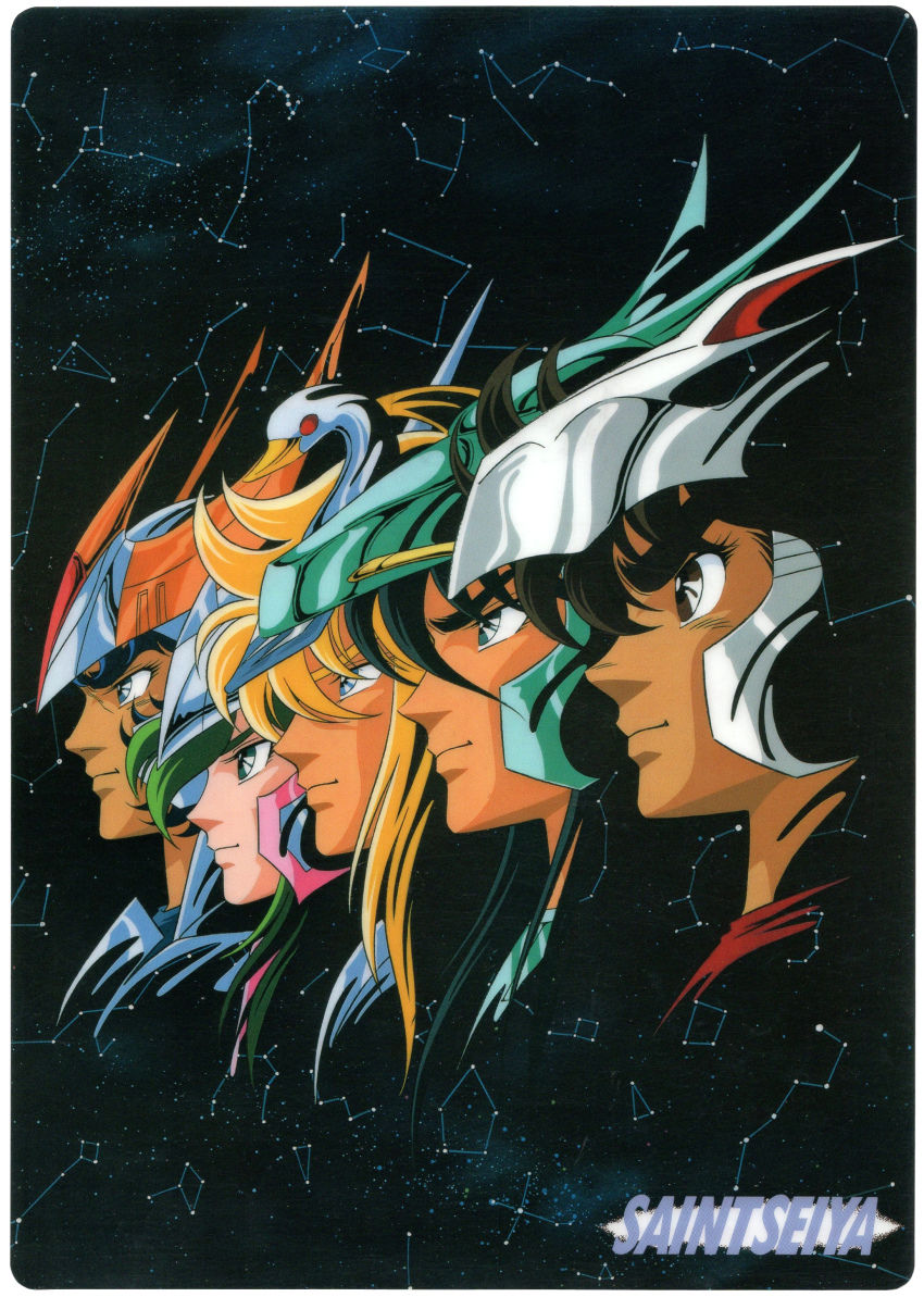 1980s_(style) 5boys absurdres andromeda_shun armor black_eyes black_hair blonde_hair blue_eyes cancer_(constellation) card_(medium) constellation copyright_name cygnus_hyouga dark-skinned_male dark_skin dragon_shiryuu green_hair highres male_focus multiple_boys official_art oldschool pegasus_seiya phoenix_ikki profile retro_artstyle saint_seiya scan scorpius_(constellation) sky star_(sky) starry_sky taurus_(constellation)