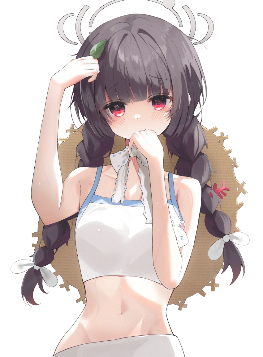 1girl absurdres bare_arms bare_shoulders bikini black_hair blue_archive blunt_bangs blush bow braid chii_(k_ung) commentary covering_own_mouth furrowed_brow grey_halo groin hair_bow halo hands_up hat hat_on_back highres leaf leaf_on_head long_hair looking_at_viewer low_twintails miyu_(blue_archive) miyu_(swimsuit)_(blue_archive) navel official_alternate_costume official_alternate_hairstyle red_eyes simple_background solo straw_hat swimsuit twin_braids twintails upper_body white_background white_bikini white_bow