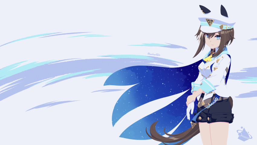 1girl absurdres animal_ears artist_logo artist_name ascot black_shorts blue_eyes breasts brown_hair cape cheval_grand_(umamusume) closed_mouth collared_jacket commentary cowboy_shot ear_covers english_commentary gloves hat highres horse_ears horse_girl horse_tail jacket logo long_sleeves medium_breasts mouhantain multicolored_hair peaked_cap short_hair shorts simple_background single_glove solo streaked_hair tail umamusume white_background white_gloves white_hair white_hat white_jacket yellow_ascot