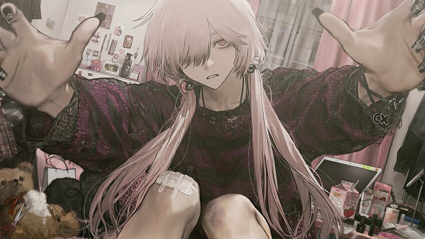 1girl arms_up bag black_coat black_nails black_sweater bracelet bruise bruise_on_leg calendar_(object) cevio claw_pose clenched_teeth coat commentary computer cosmetics cover curtains drinking_straw earrings eyelashes fake_nails fingernails food_print fruit_print gauze_on_knee hair_bobbles hair_ornament hair_over_one_eye heart highres hirota_tsuu indoors injury jewelry kafu_(cevio) knees_up laptop long_bangs long_fingernails looking_at_viewer low_twintails messy_room milk_carton nail_art nail_file neck_ribbon official_art one_eye_covered photo_(object) purple_eyes purple_hair purple_sweater reaching reaching_towards_viewer red_ribbon ribbon ringed_eyes scissors see-through_curtains shopping_bag solo strawberry_milk strawberry_print striped_clothes striped_sweater stuffed_animal stuffed_toy sweater swept_bangs table tape teddy_bear teeth twintails two-tone_sweater unworn_clothes unworn_coat white_bag window