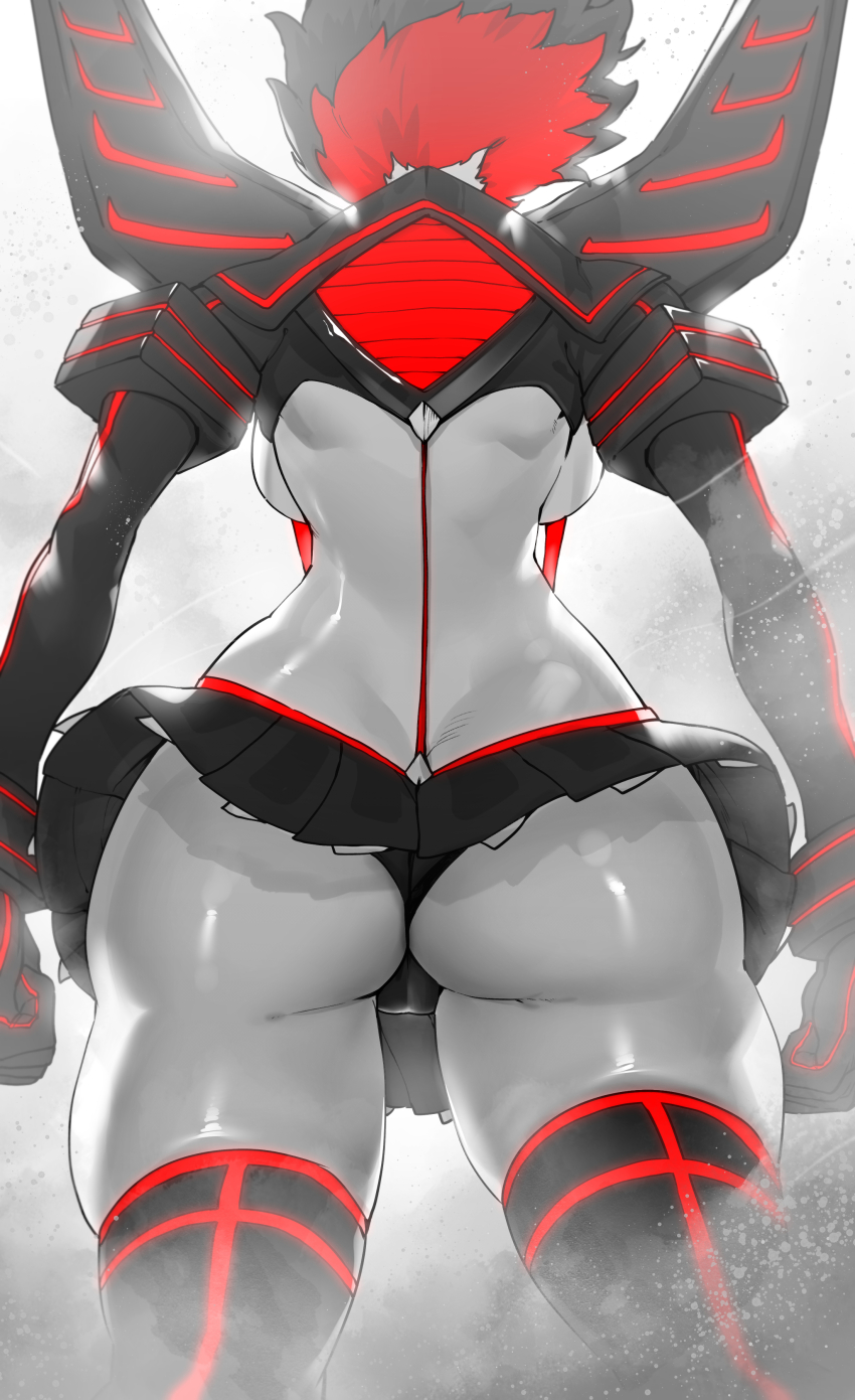 1girl absurdres ass ass_focus back back_focus backboob black_hair breasts butt_crack cameltoe from_behind gloves highres huge_ass kamui_(kill_la_kill) kill_la_kill life_fiber living_clothes matoi_ryuuko medium_breasts multicolored_hair niwarhythm red_hair revealing_clothes senketsu short_hair sideboob simple_background skindentation skirt solo suspenders thick_thighs thighhighs thighs trigger_(company) two-tone_hair underboob wide_hips