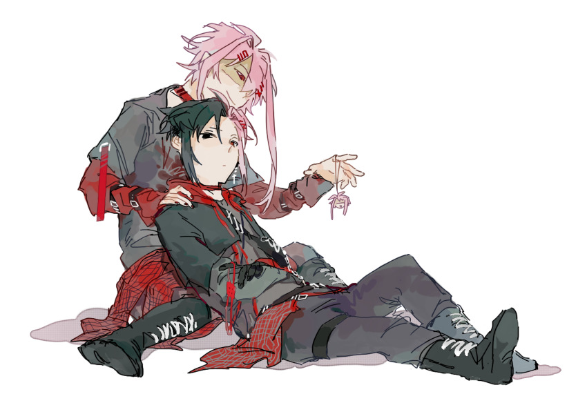 2boys absurdres alternate_costume black_boots black_eyes black_hair black_pants boots chinese_commentary closed_mouth commentary_request crossed_arms grey_shirt hair_ornament hairclip heterochromia highres layered_shirt layered_sleeves lei_renqun_xing_shanyao_shi long_sleeves male_focus multicolored_hair multiple_boys mutsushika_misumi nijou_ryuu pants parted_bangs patchwork_skin pink_hair red_eyes red_shirt saibou_shinkyoku shirt short_hair short_hair_with_long_locks simple_background smile split-color_hair two-tone_hair white_background
