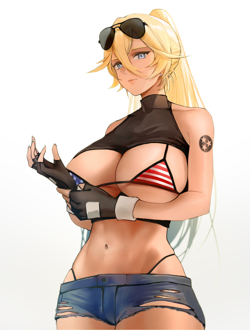 1girl absurdres american_flag_bikini american_flag_print arm_tattoo arm_under_breasts azur_lane bikini black_gloves black_shirt blonde_hair blue_eyes breasts breasts_out cl_(summer_sama) cleavage_cutout closed_mouth clothing_cutout commentary commission denim denim_shorts eyewear_on_head fingerless_gloves flag_print gloves hand_on_own_arm highleg highleg_bikini highres large_breasts long_hair looking_at_viewer navel pixiv_commission ponytail print_bikini shirt short_shorts shorts simple_background solo stomach string_bikini sunglasses swimsuit tattoo tennessee_(azur_lane) torn_clothes torn_shirt