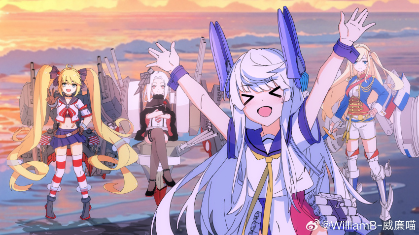 &gt;_&lt; 4girls absurdres andrea_doria_(warship_girls_r) blonde_hair blue_eyes blue_skirt breasts closed_eyes gloves hair_ribbon hair_slicked_back headgear highres jacket le_fantasque_(warship_girls_r) long_hair machinery midriff miniskirt multiple_girls neckerchief one_side_up open_mouth pleated_skirt ribbon richelieu_(warship_girls_r) rigging rudder_footwear sailor_collar ship_turret short_hair shorts sitting skirt smile thighhighs twintails very_long_hair vittorio_veneto_(warship_girls_r) warship_girls_r watermark weapon weibo_watermark white_hair williamb