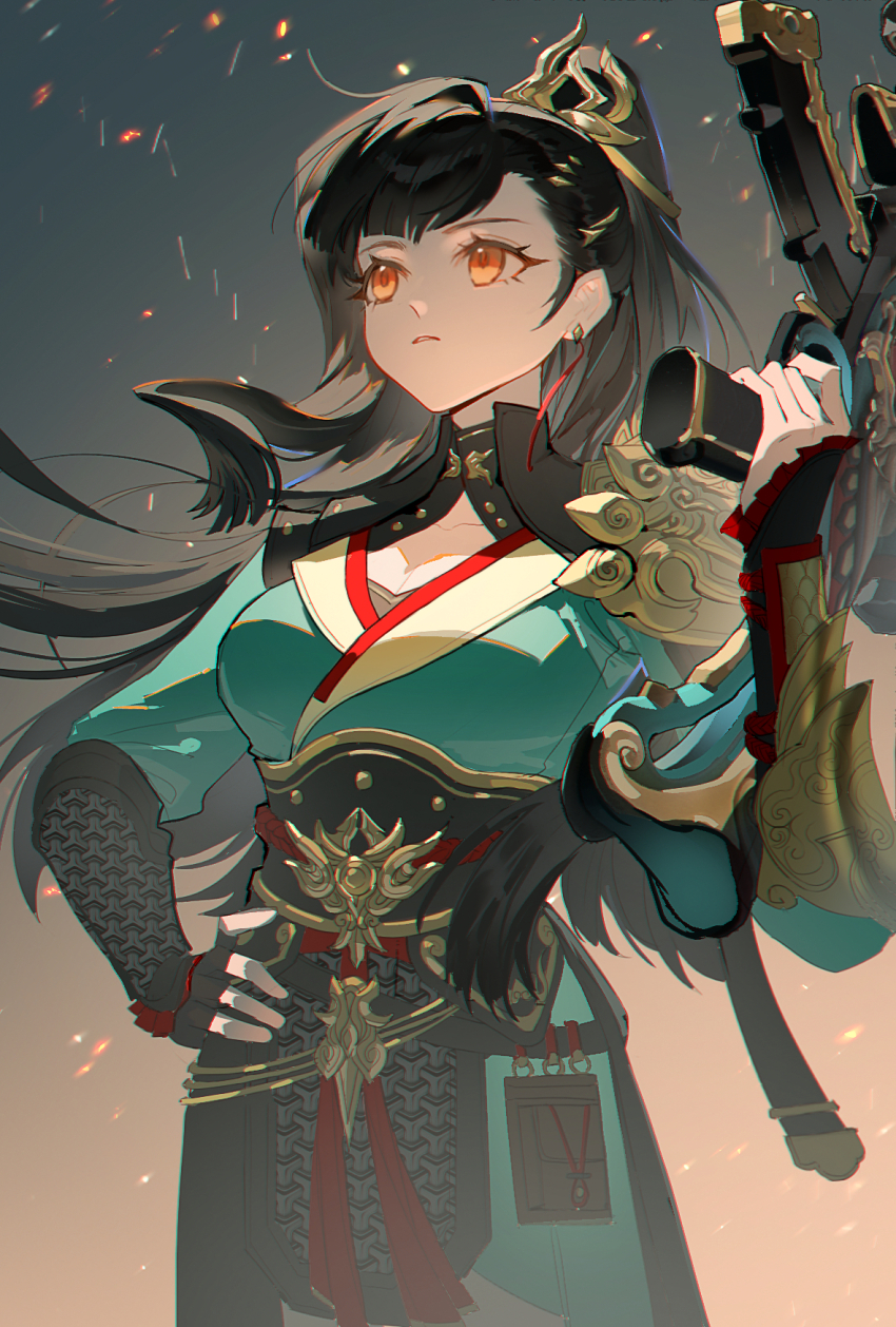 1girl arm_armor armor black_hair breasts chinese_armor chinese_clothes chinese_commentary commentary_request cowboy_shot earrings fingerless_gloves girls&#039;_frontline girls&#039;_frontline_2:_exilium gloves guaisanmu gun highres holding holding_gun holding_weapon jewelry long_hair official_alternate_costume orange_eyes parted_lips qbz-191 qbz-191_(girls&#039;_frontline) qiongjiu_(girls&#039;_frontline_2) single_glove solo weapon