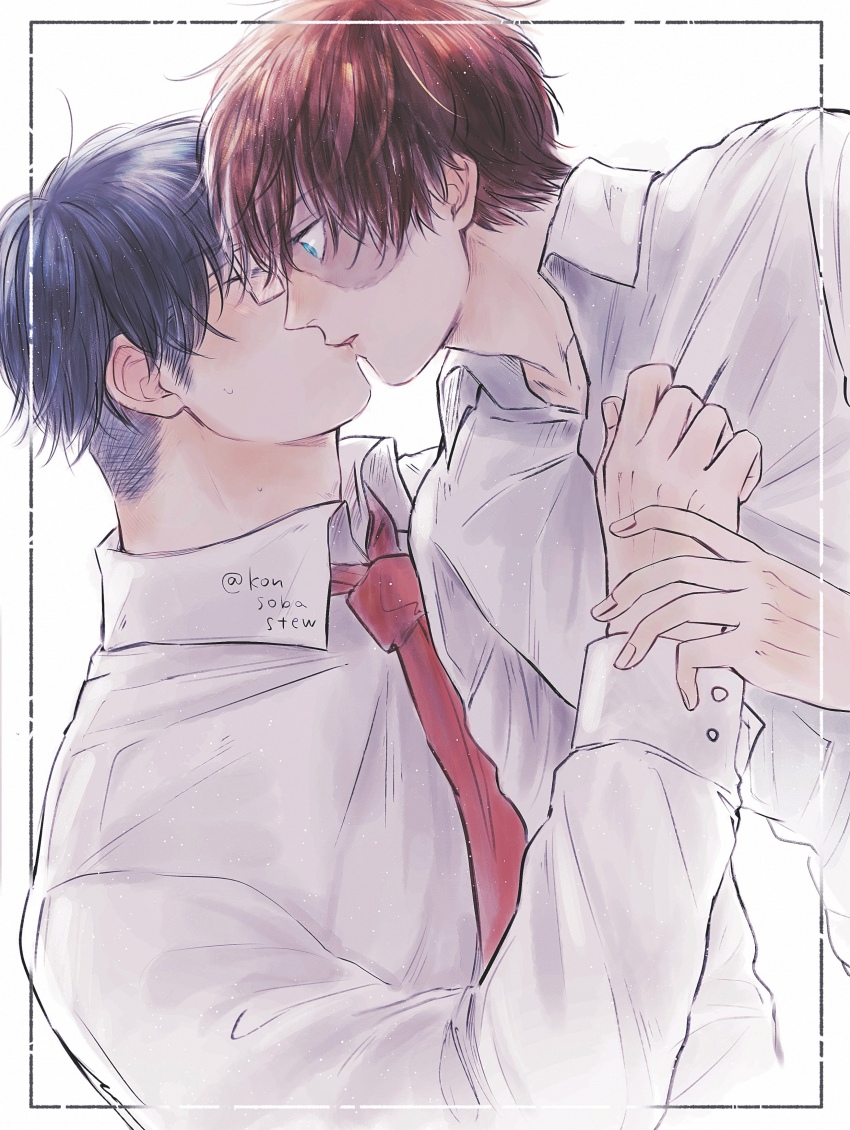2boys absurdres boku_no_hero_academia collarbone collared_shirt fingernails highres iida_tenya inset_border kiss konsobastew long_sleeves male_focus multiple_boys necktie rectangular_eyewear red_necktie scar scar_on_face shirt short_hair sideburns thick_neck todoroki_shoto white_background white_shirt yaoi