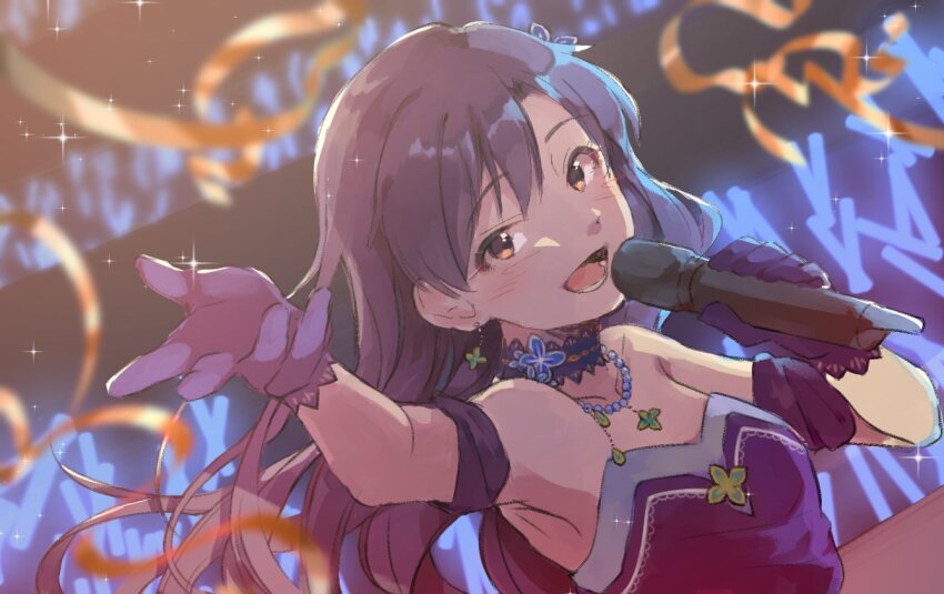 1girl arm_guards armpits bare_shoulders blue_choker blue_gloves blue_hair blurry blurry_background blush brown_eyes choker collarbone confetti earrings flat_chest gem gloves glowstick holding holding_microphone idolmaster idolmaster_(classic) idolmaster_million_live! idolmaster_million_live!_theater_days jewelry kisaragi_chihaya kisaragi_chihaya_(brilliant_diva) kuzuya_ramurin long_hair looking_at_viewer microphone necklace open_mouth pearl_(gemstone) reaching reaching_towards_viewer smile solo stage
