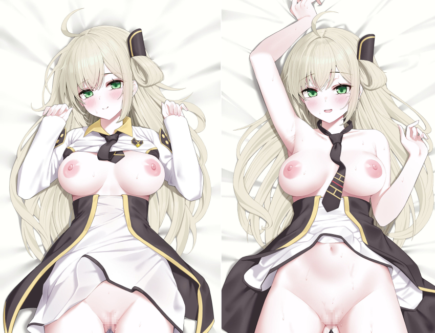 1girl :d ahoge arm_up armpits bed_sheet between_breasts black_necktie blonde_hair blush breasts censored closed_mouth clothes_lift collarbone cowboy_shot dakimakura_(medium) green_eyes hair_rings high-waist_skirt highres large_breasts layered_skirt long_hair long_sleeves looking_at_viewer lying mosaic_censoring multiple_views navel necktie necktie_between_breasts nipples no_bra no_panties on_back on_bed open_mouth pussy rank_alee shirt shirt_lift skirt sky_striker_ace_-_raye sleeves_past_wrists smile sweat topless_female very_long_hair white_shirt white_skirt yu-gi-oh!