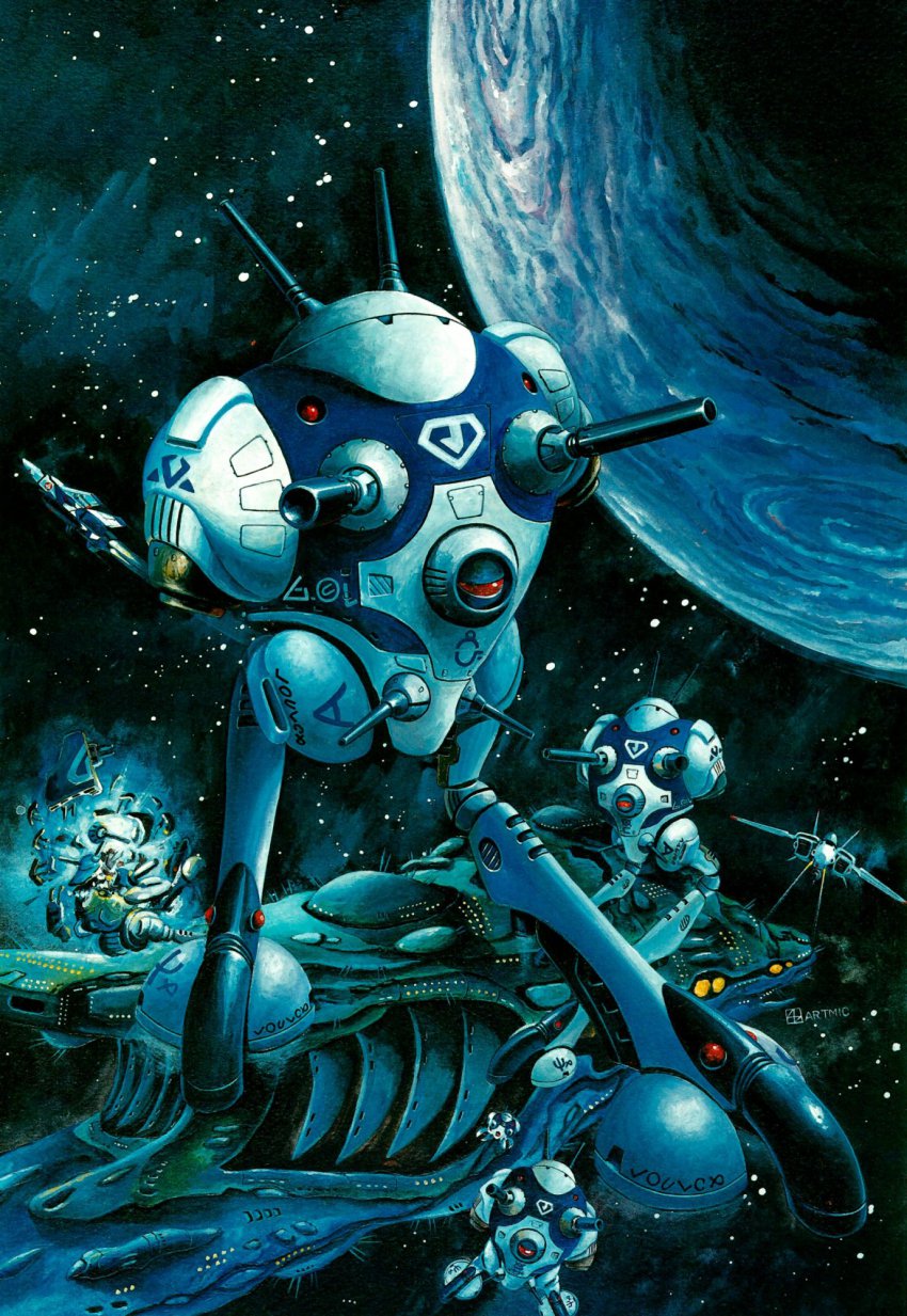 1980s_(style) alien antennae battle cannon choujikuu_yousai_macross explosion fleet flying highres macross mecha no_humans non-humanoid_robot non-web_source nupetiet-vergnitzs official_art oldschool planet production_art realistic regult retro_artstyle robot scan science_fiction space spacecraft star_(symbol) suzuki_toshimitsu traditional_media vf-1 walker_(robot) zentradi zero_gravity
