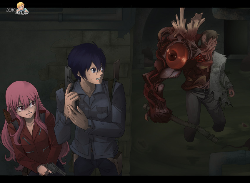 1girl 2boys alex_kellar artist_name backpack bag blue_eyes blue_hair blue_shirt brown_hair commentary commentary_request commission crossover english_commentary grimace gun handgun highres hiraga_saito holding holding_gun holding_lead_pipe holding_weapon holster in_water jacket lead_pipe long_hair louise_francoise_le_blanc_de_la_valliere mixed-language_commentary monster mouse_(animal) multiple_boys mutation pink_eyes pink_hair red_jacket resident_evil revolver sewer shirt short_hair spanish_commentary standing torn_clothes torn_jacket wading watermark weapon weapon_on_back weapon_request william_birkin zero_no_tsukaima