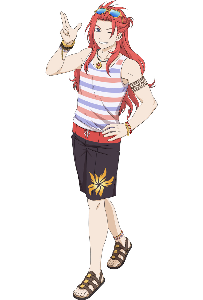 1boy anklet black_male_swimwear black_swim_trunks bracelet commentary drawstring english_commentary eyewear_on_head feet floral_print hand_on_own_hip highres jewelry long_hair male_focus male_swimwear necklace official_art one_eye_closed print_male_swimwear print_swim_trunks sandals smile solo sunglasses swim_trunks swimsuit tales_of_(series) tales_of_asteria tales_of_symphonia tank_top teeth toenails toes transparent_background zelos_wilder