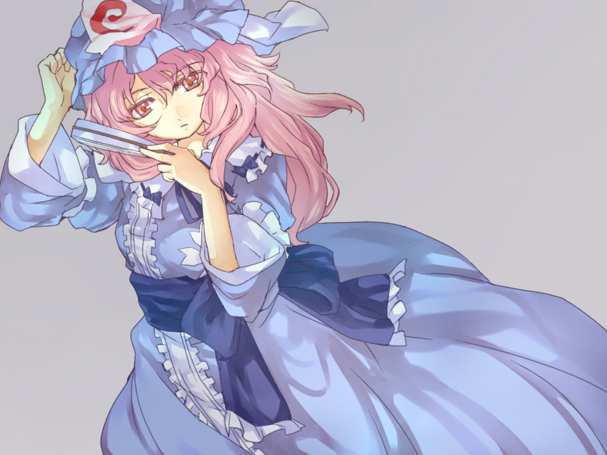 1girl atsushi/hao folded_fan hand_fan female_focus folding_fan hat highres japanese_clothes long_hair pink_eyes pink_hair ribbon saigyouji_yuyuko solo touhou triangular_headpiece