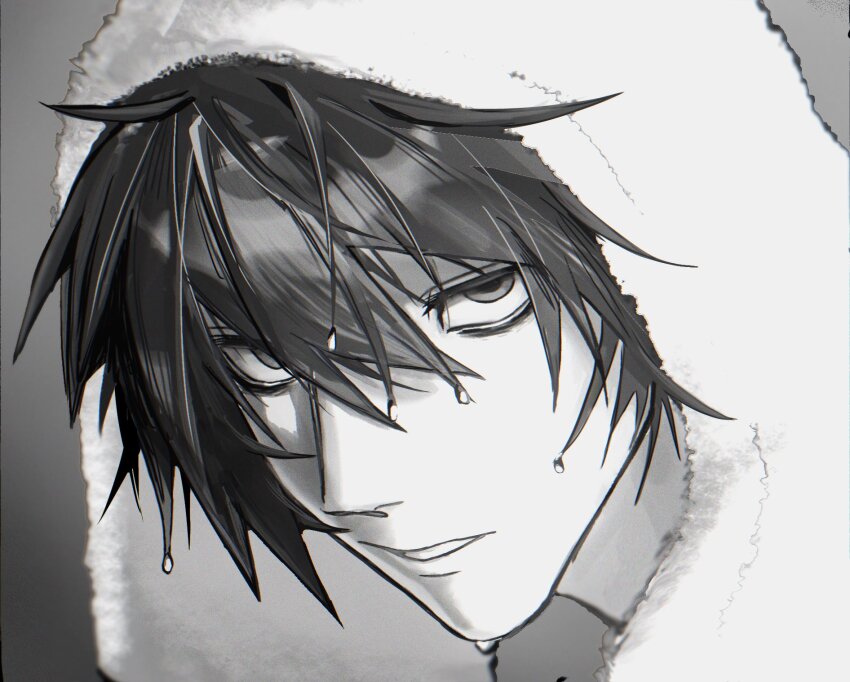 1boy black_hair death_note greyscale h0nd0u highres l_(death_note) looking_at_viewer male_focus monochrome portrait short_hair solo teeth towel towel_on_head wet wet_hair