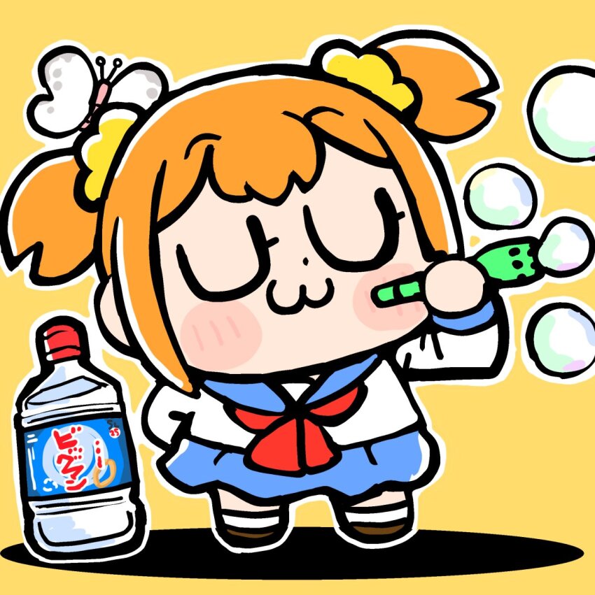 1girl :3 alcohol arm_behind_back bkub blue_sailor_collar blue_skirt blush_stickers bottle brown_shoes bubble bubble_pipe bug butterfly chibi chibi_only closed_eyes closed_mouth dot_nose drink full_body hair_ornament hair_scrunchie highres holding insect long_sleeves neckerchief official_art orange_hair poptepipic popuko red_neckerchief sailor_collar school_uniform scrunchie serafuku shirt shoes short_hair shouchuu_(drink) sidelocks simple_background skirt socks solo standing two_side_up white_shirt white_socks yellow_background yellow_scrunchie