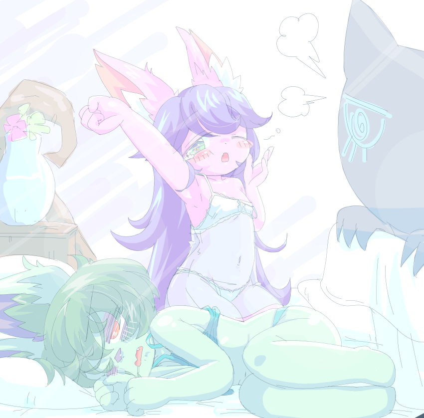 2girls aqua_bra aqua_panties arm_above_head arm_up babydoll bags_under_eyes bra colored_skin cowboy_shot dot_nose fang female_focus fetal_position full_body green_eyes green_hair green_skin hand_up kayo!!_(gotoran) league_of_legends living_shadow long_hair looking_at_viewer lulu_(league_of_legends) lying multiple_girls on_side one_eye_closed open_mouth panties purple_hair purple_skin red_eyes seiza short_hair shortstack sitting underwear underwear_only vex_(league_of_legends) vex_shadow_(league_of_legends) white_babydoll yawning yordle