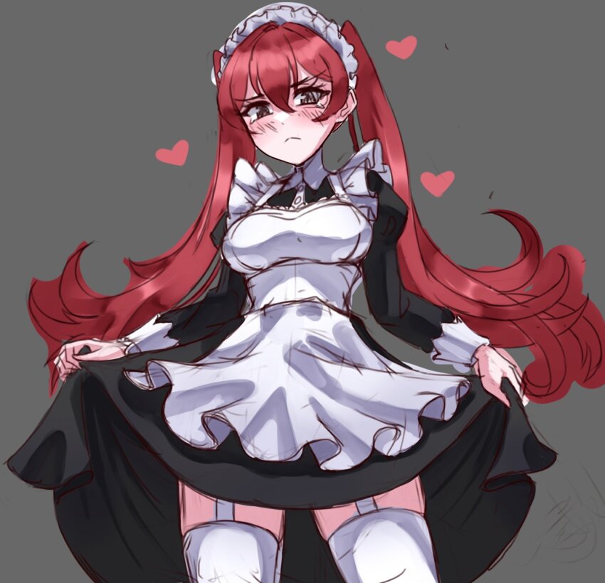 1girl alternate_breast_size alternate_costume angryforks annoyed apron black_dress blush breasts clothes_lift commentary cowboy_shot detached_collar dress embarrassed english_commentary enmaided feet_out_of_frame fire_emblem fire_emblem_awakening framed_breasts frilled_apron frills frown garter_straps grey_background hair_between_eyes heart highres juliet_sleeves lifting_own_clothes long_hair long_sleeves looking_at_viewer looking_down maid maid_headdress medium_breasts nintendo puffy_sleeves red_hair severa_(fire_emblem) simple_background sketch skindentation skirt skirt_lift solo tearing_up thighhighs thighs two_side_up very_long_hair white_apron white_thighhighs