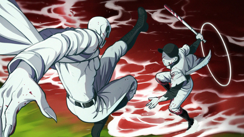 2boys abs baseball_bat baseball_cap baseball_uniform belt black_footwear black_hat black_shirt blood blood_on_clothes blood_on_face boots claws dedan_(off) fighting fighting_stance hashtag-only_commentary hat high_kick highres holding holding_baseball_bat holding_weapon kicking lace-up_boots male_focus monster monster_boy multiple_boys no_eyes off_(game) open_clothes open_mouth open_shirt pants pectorals red_water shirt small_pupils sportswear tanblaque the_batter_(off) water weapon white_pants white_shirt