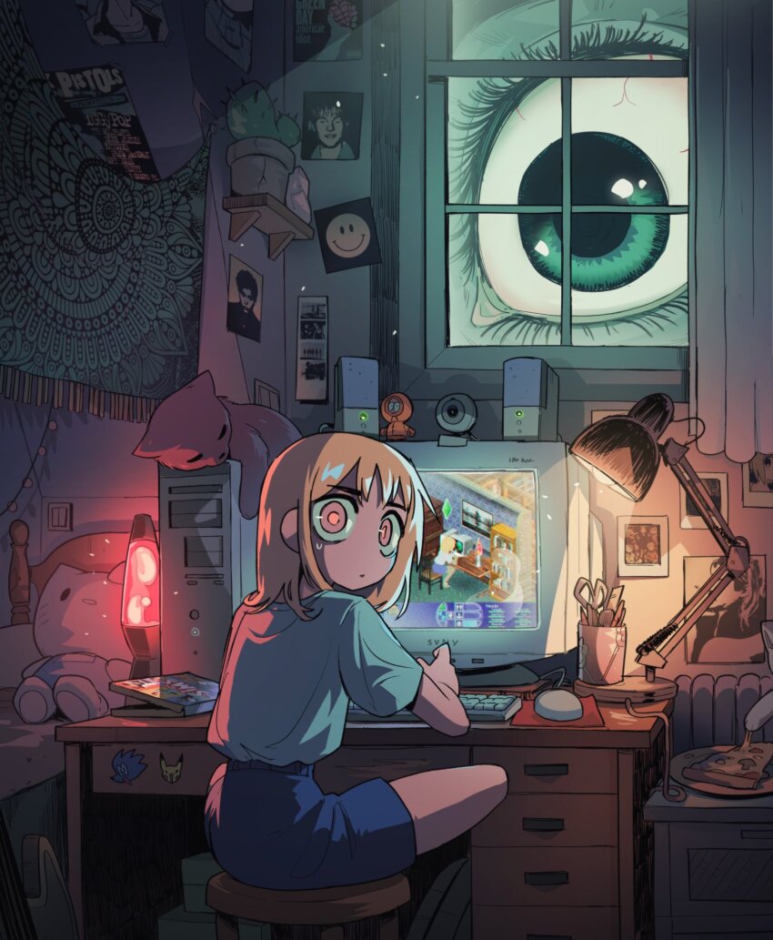 2girls aqua_eyes bed bedroom blonde_hair blue_shorts cactus carles_dalmau cat character_doll commentary computer computer_keyboard computer_mouse computer_tower crt cup curtains desk desk_lamp eyelashes food giant green_day hello_kitty hello_kitty_(character) highres indoors kenny_mccormick lamp lava_lamp looking_back looking_inside medium_hair monitor mousepad_(object) mug multiple_girls original pizza plate poster_(object) red_eyes sanrio scissors sex_pistols shirt shirt_tucked_in short_sleeves shorts sitting smiley_face solo_focus south_park speaker stool stuffed_toy sweatdrop symbol-only_commentary the_sims webcam window
