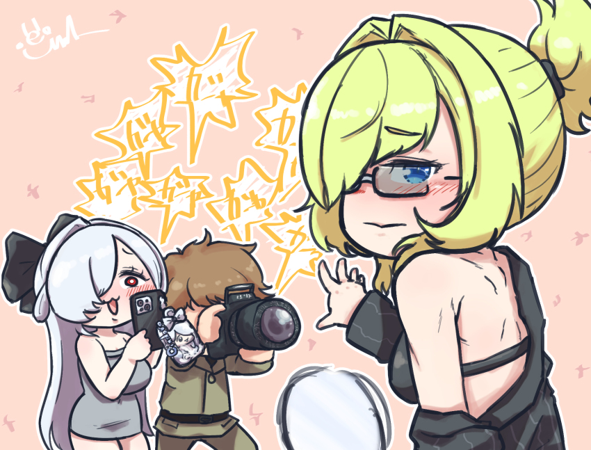 1boy 2girls :3 bare_shoulders bikini black_bikini black_bow black_jacket blonde_hair blue_eyes blush bow breasts brown_hair camera cellphone cellphone_charm character_charm charm_(object) cinderella_(beautiful_me)_(nikke) cinderella_(nikke) closed_mouth commander_(nikke) commentary_request dongtan_dress doro_(nikke) dress dslr glasses goddess_of_victory:_nikke grave_(beautiful_you)_(nikke) grave_(nikke) grey_dress grey_hair hair_between_eyes hair_bow hair_intakes hair_over_one_eye highres holding holding_camera holding_phone iejima_(xmfqiejm) jacket large_breasts long_hair long_sleeves looking_at_another meme_attire military_jacket military_uniform multiple_girls nose_blush off_shoulder official_alternate_costume official_alternate_hairstyle open_mouth phone pinstripe_jacket pinstripe_pattern ponytail red_eyes short_hair short_ponytail sidelocks signature single_bare_shoulder smartphone standing strapless strapless_dress swimsuit taking_picture very_long_hair