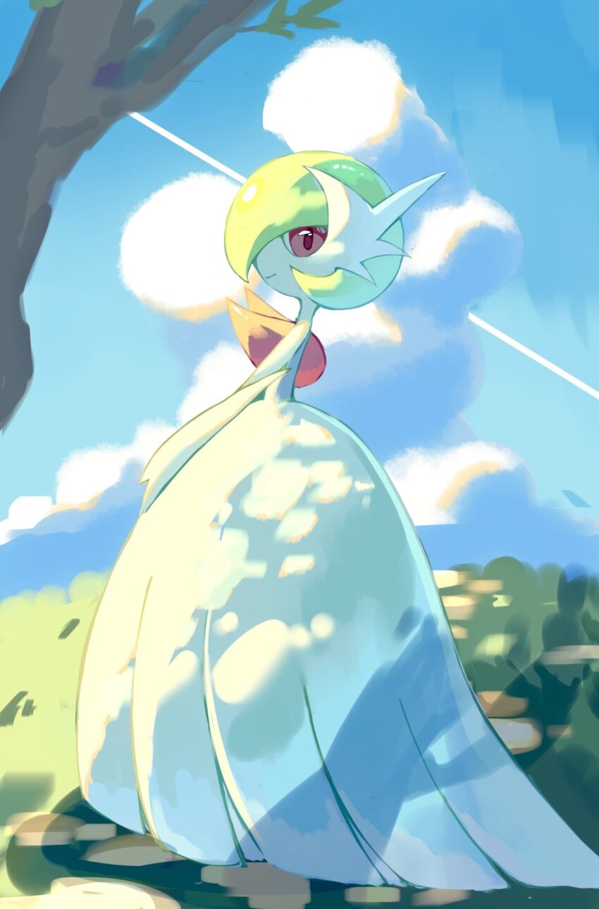1other blue_sky closed_mouth cloud colored_skin dress from_side full_body gardevoir gen_3_pokemon grass green_hair highres looking_at_viewer maripu1023 mega_gardevoir mega_pokemon nintendo outdoors pokemon pokemon_(creature) pokemon_focus red_eyes sky smile solo tree white_dress white_skin