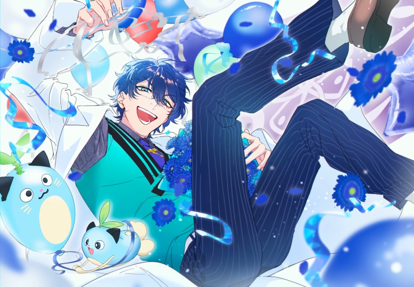 1boy absurdres aqua_eyes aqua_sweater_vest balloon blue_flower blue_hair blue_necktie blue_pants bouquet brown_shoes character_balloon coat confetti flower flower_request gagake_v grey_shirt hair_between_eyes highres holding holding_bouquet leos_vincent leos_vincent_(1st_costume) male_focus mameneko_(leos_vincent) necktie nijisanji open_clothes open_coat pants shirt shoes short_hair smile solo teeth tie_clip virtual_youtuber white_coat