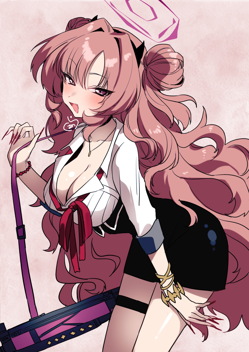 1girl absurdres assault_rifle black_horns black_skirt blue_archive bracelet breasts carbine cleavage collar commentary_request double_bun gun h&amp;k_hk33 hair_bun halo heckler_&amp;_koch highres horns jewelry kirara_(blue_archive) large_breasts long_hair long_sleeves looking_at_viewer necklace pink_background pink_hair pink_halo purple_eyes red_ribbon ribbon rifle shirt short-barreled_rifle skirt solo thigh_strap very_long_hair weapon white_shirt zuoye