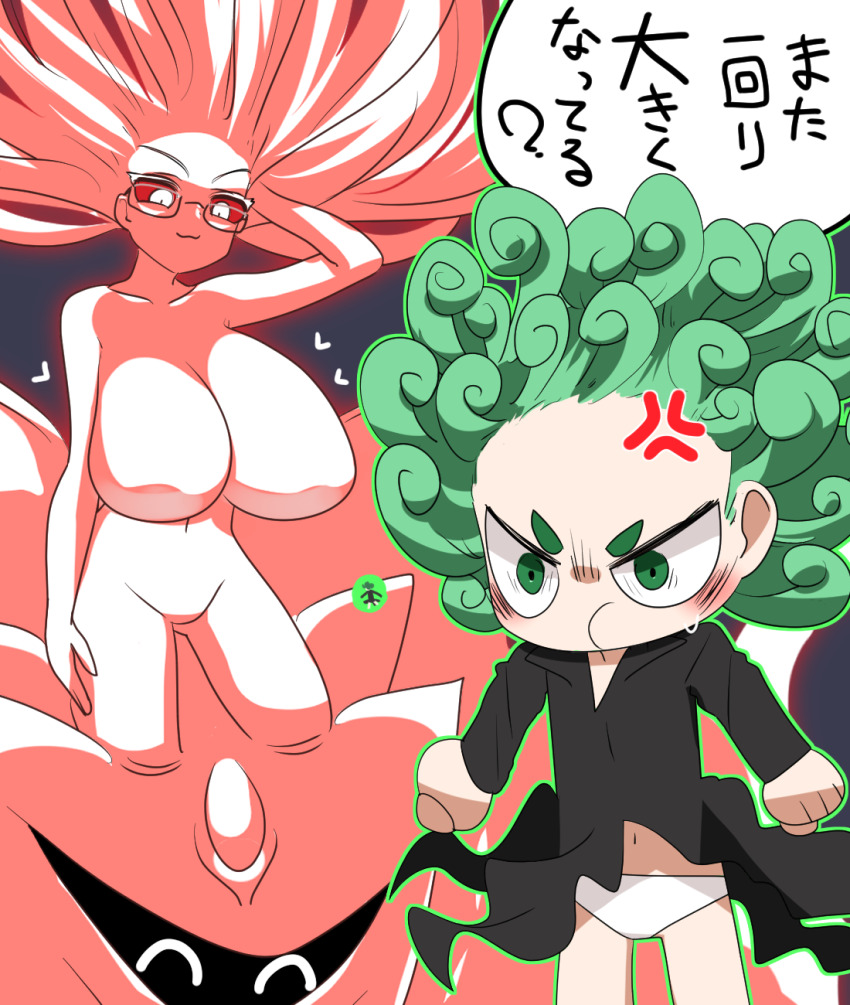 2girls :3 :t black_dress breast_envy breasts closed_mouth colored_sclera commentary_request cowboy_shot curly_hair dress green_eyes green_hair highres huge_breasts lets0020 long_hair multiple_girls one-punch_man panties pink_sclera psychos_(one-punch_man) red_sclera tatsumaki translation_request underwear v-shaped_eyebrows white_eyes white_panties