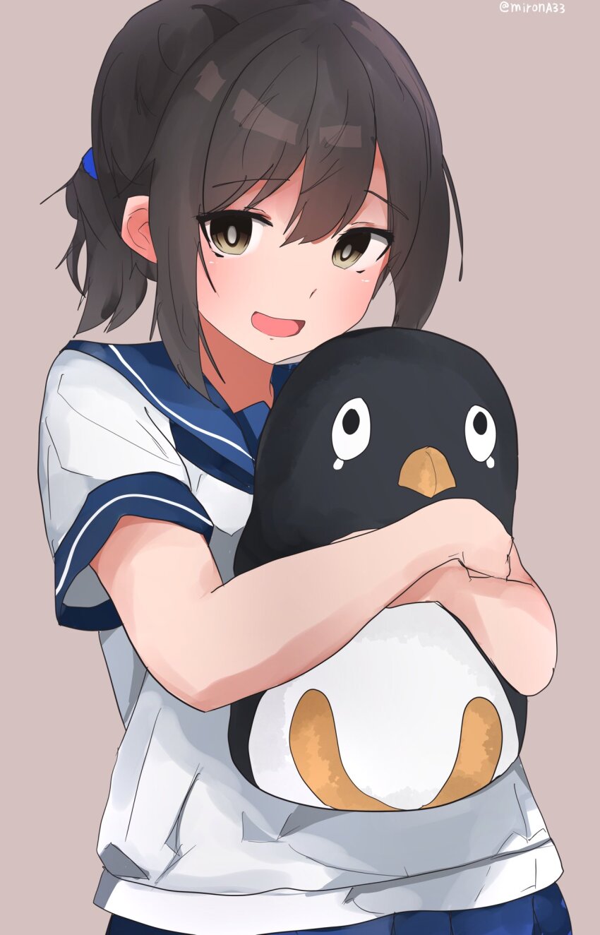 1girl alternate_hairstyle black_eyes black_hair blue_sailor_collar commentary_request failure_penguin fubuki_(kancolle) grey_background highres kantai_collection miron_(mirona33) ponytail sailor_collar school_uniform serafuku shirt short_hair sidelocks solo standing stuffed_animal stuffed_penguin stuffed_toy upper_body white_shirt