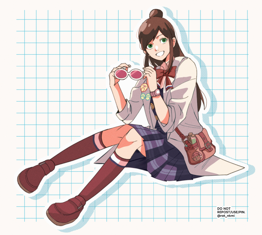 1girl ace_attorney alternate_eye_color badge bag blue_skirt blue_vest bow bowtie brown_bag brown_footwear brown_hair button_badge chemicals coat collared_shirt ema_skye green_eyes grid_background handbag holding holding_removed_eyewear kneehighs lab_coat lapels long_hair open_clothes open_coat phoenix_wright:_ace_attorney pink-framed_eyewear pink_shirt pleated_skirt rat_nkmi red_bow red_bowtie red_socks school_uniform shirt shoulder_strap sidelocks simple_background sitting skirt smile socks swept_bangs topknot twitter_username unworn_eyewear vest vial watch white_background white_coat wristwatch
