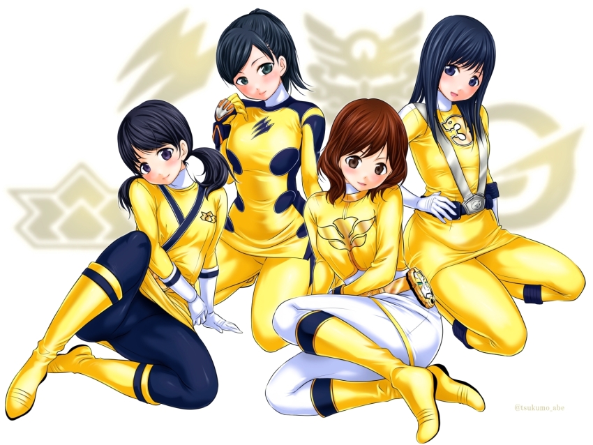 4girls abe_tsukumo animification belt black_hair black_pantyhose blue_eyes blush bob_cut bodysuit boots brown_eyes brown_hair closed_mouth color_connection elbow_gloves engine_sentai_go-onger geki_yellow gloves go-on_yellow gold_belt gosei_yellow green_eyes hanaori_kotoha hand_on_own_hip head_tilt highres juuken_sentai_gekiranger long_hair moune multiple_girls no_headwear open_mouth pantyhose ponytail purple_eyes rouyama_saki samurai_sentai_shinkenger shinken_yellow short_hair short_twintails sitting skin_tight skirt smile squatting straight_hair super_sentai tensou_sentai_goseiger tokusatsu turtleneck twintails two-tone_bodysuit uzaki_ran white_gloves white_pantyhose white_skirt yellow_bodysuit yellow_boots yellow_gloves yellow_skirt