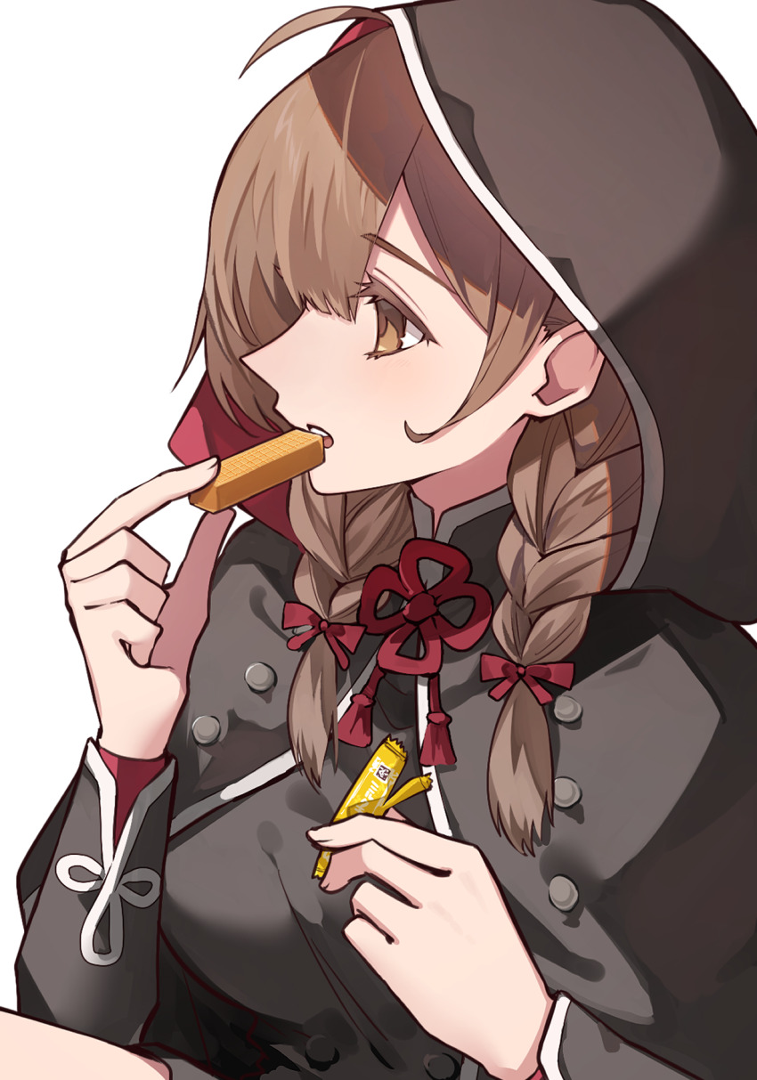1girl ahoge black_capelet black_dress braid breasts brown_eyes brown_hair capelet dress food highres holding holding_food hood hood_up hooded_capelet kantai_collection large_breasts long_hair long_sleeves open_mouth shinshuu_maru_(kancolle) simple_background solo tsumikitsuki_(katsuobushi) twin_braids upper_body white_background