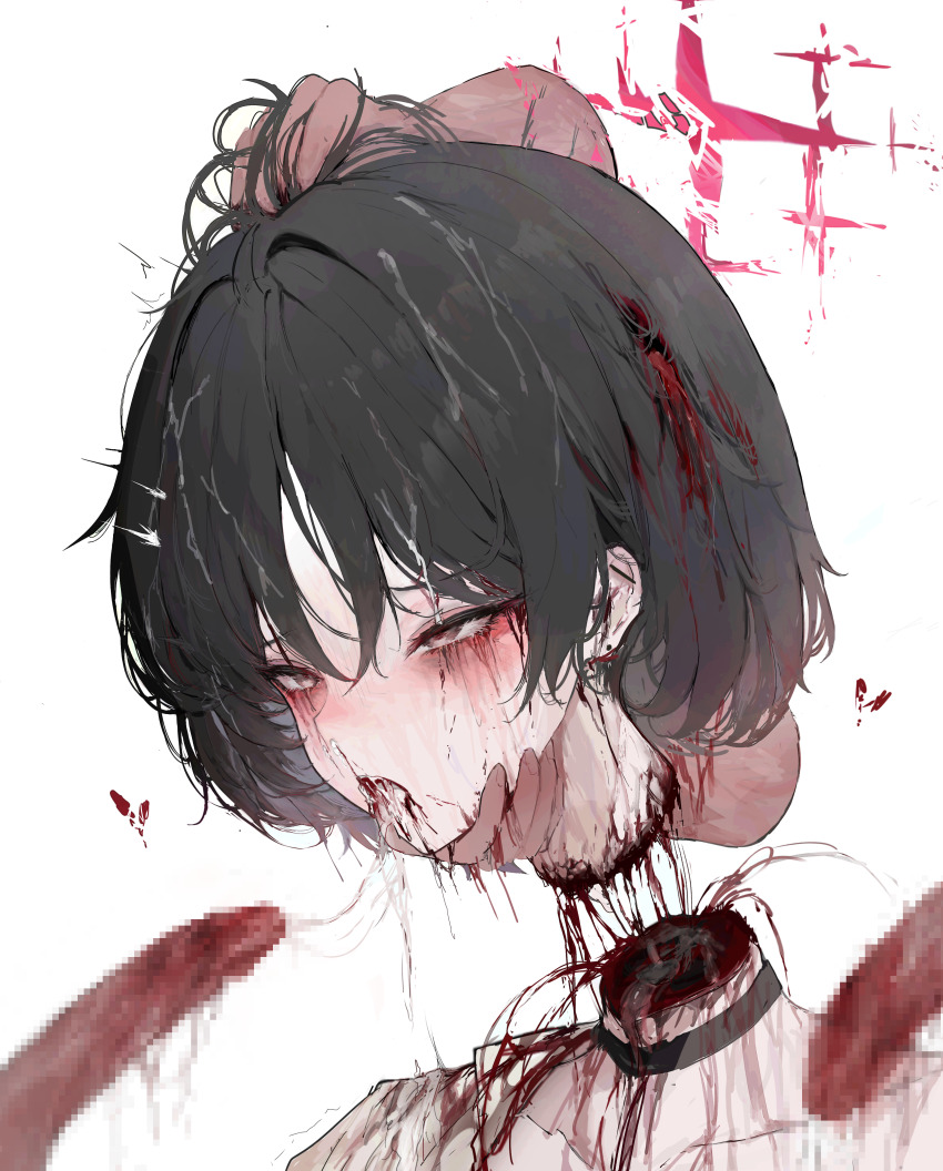 1girl 2boys absurdres black_choker black_hair blood blud_spine blue_archive broken_halo censored choker commentary_request corpse cum cum_in_mouth cum_string decapitation disembodied_hand guro halo heart highres misaki_(blue_archive) misaki_(swimsuit)_(blue_archive) mosaic_censoring multiple_boys open_mouth penis purple_halo revision short_hair simple_background white_background