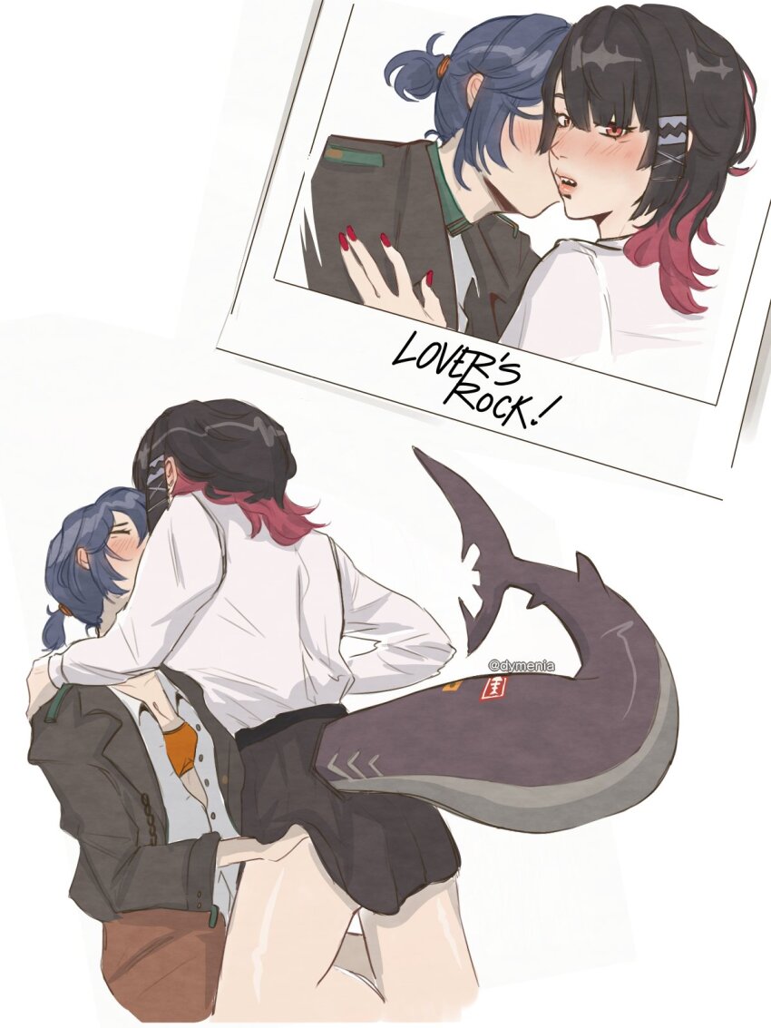 2girls belle_(zenless_zone_zero) black_hair black_jacket black_skirt blue_hair blush bra closed_eyes clothes_lift colored_inner_hair commentary dymenia ellen_joe english_commentary fins fish_tail hand_on_another&#039;s_waist highres jacket kiss long_sleeves medium_hair multicolored_hair multiple_girls orange_bra ponytail red_eyes red_hair red_nails shark_tail sharp_teeth shirt short_ponytail simple_background skirt skirt_lift tail teeth underwear white_background white_shirt wolf_cut yuri zenless_zone_zero