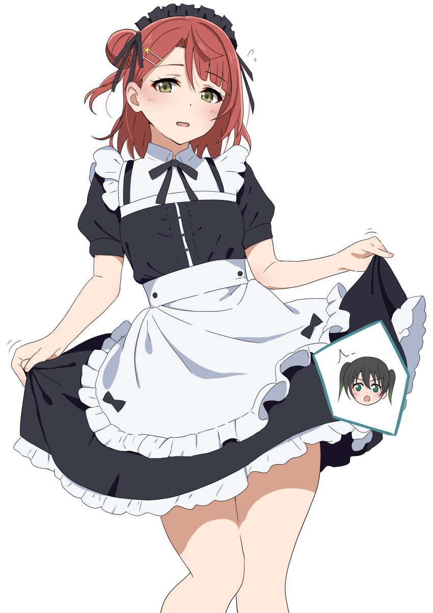 2girls ^^^ absurdres apron aroused awestruck bare_legs black_hair braid braided_bun clothes_lift commentary_request dress embarrassed flying_sweatdrops frilled_dress frills gradient_hair green_eyes hair_between_eyes hair_bun hair_ornament hairpin half-closed_eyes highres ikesho0612 light_blush looking_at_viewer love_live! love_live!_nijigasaki_high_school_idol_club maid_apron maid_headdress medium_hair motion_lines multicolored_hair multiple_girls nervous_smile open_mouth orange_hair single_side_bun skirt skirt_lift smile swept_bangs takasaki_yu twintails two-tone_hair uehara_ayumu white_background yellow_eyes