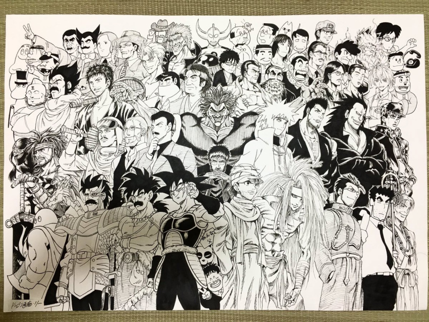 00s 10s 1990s_(style) 6+boys azumanga_daiou barbapapa bardock bleach boku_no_hero_academia character_request chiyo-chichi crossover dr._slump dragon_ball endeavor final_fantasy final_fantasy_vi final_fantasy_x flint_(mother_3) fullmetal_alchemist ging_freecss gintama grappler_baki hanma_yujiro hunter_x_hunter ikari_gendou jecht jojo_no_kimyou_na_bouken kurosaki_isshin kuujou_joutarou maes_hughes male_focus meitantei_conan monkey_d._dragon monochrome moomin moominpappa mother_(series) mother_3 multiple_boys namikaze_minato naruto naruto_(series) neon_genesis_evangelion nintendo norimaki_senbei one_piece paragus_(dragon_ball_z) phone ranma_1/2 retro_artstyle saotome_genma shadow_(ff6) tetsuwan_atom umibouzu umibouzu_(gintama) van_hohenheim white_background
